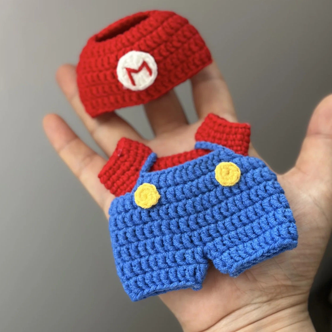 Mario-Inspired Crochet Doll Outfit – 3-Piece Handmade Set for 7” Plush Toys