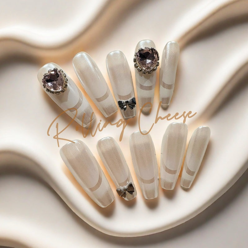 🤍 White Moon – Pearl Sheen Press-On Nails with Crystal & Bow Charms