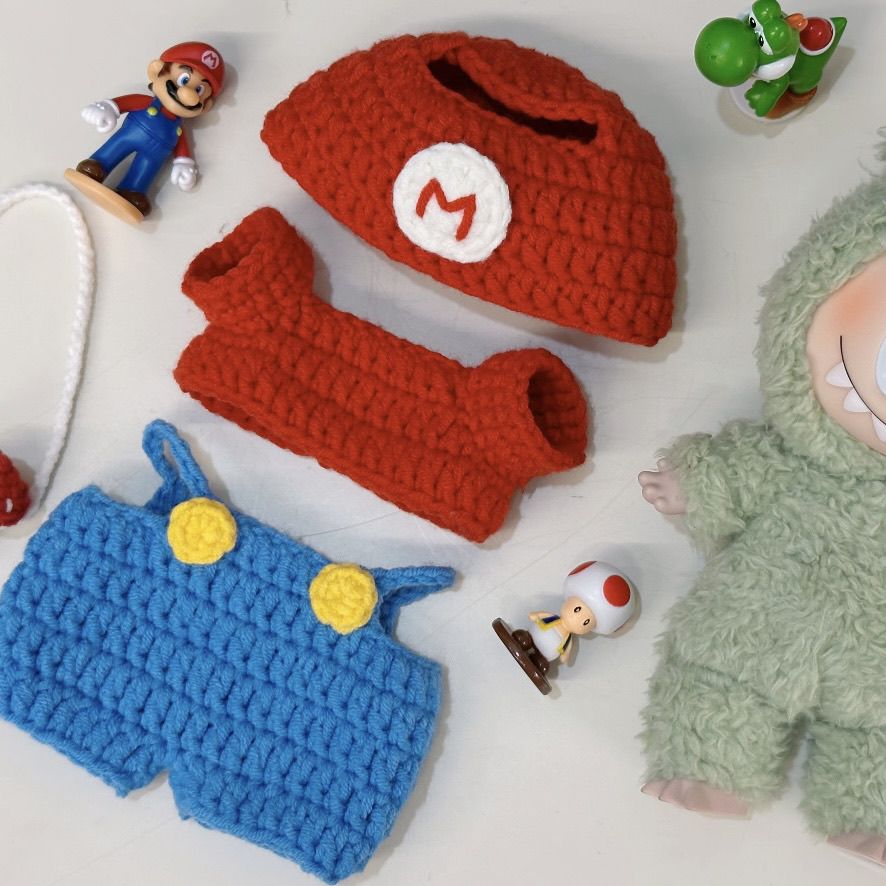 Mario-Inspired Crochet Doll Outfit – 3-Piece Handmade Set for 7” Plush Toys