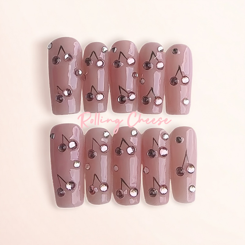 Glossy Pink Nude Press-On Nails with Metallic Beads – Cherry Blossom Vibe False Nails – Handmade Short Square Tips