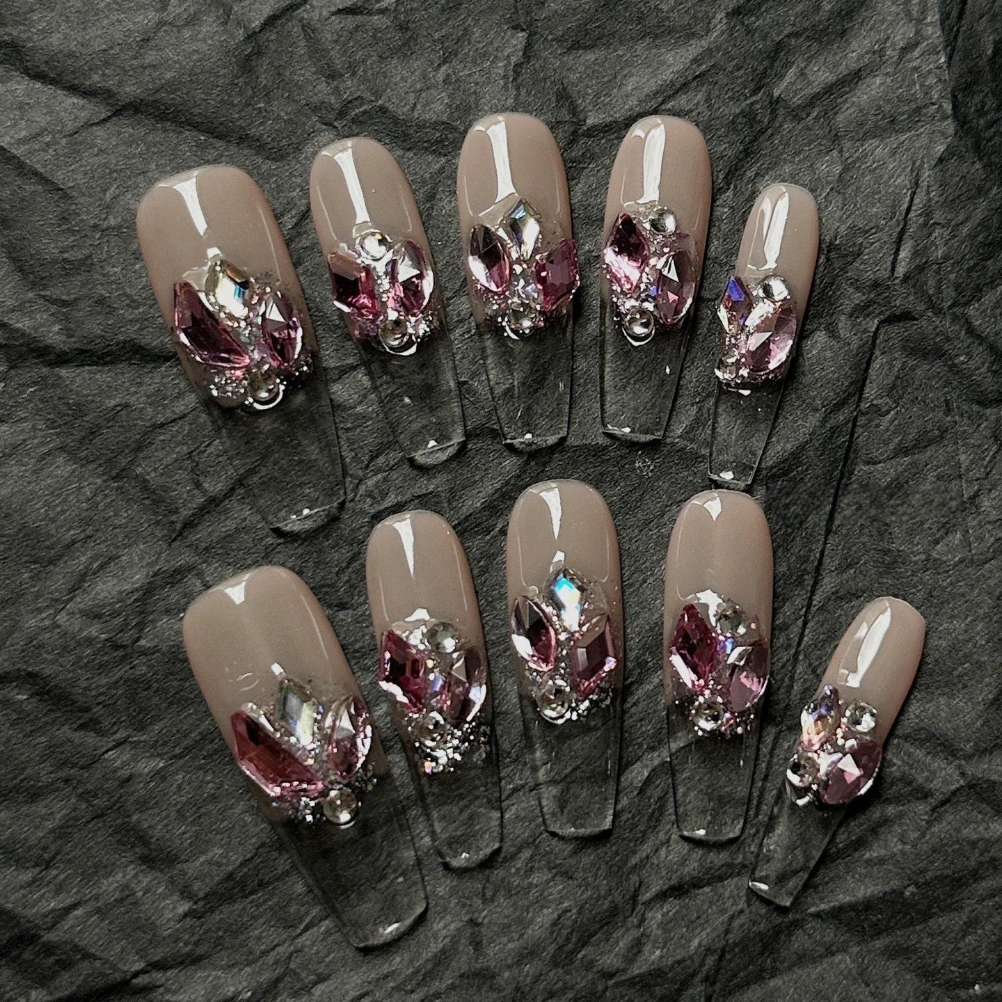 💎 Crystal Bloom – Nude Pink Rhinestone Press-On Nails