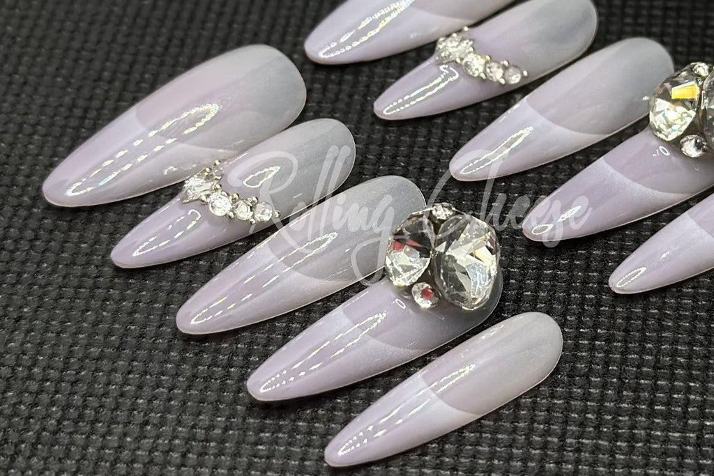 ✨Luxury Lavender Gradient Press-On Nails – Long Almond with Crystal Accents