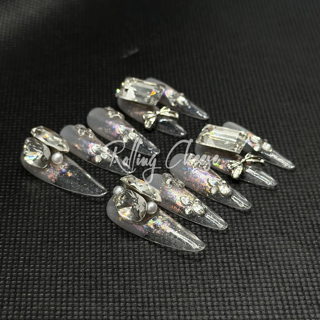 💎Crystal Prism – Iridescent 3D Gem Press-On Nails with Pearls & Bows