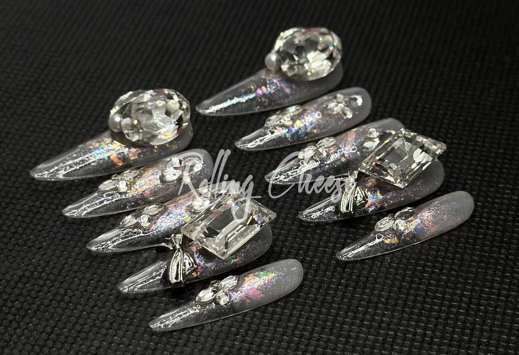 💎Crystal Prism – Iridescent 3D Gem Press-On Nails with Pearls & Bows