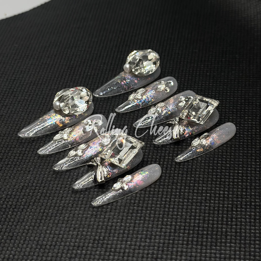 💎Crystal Prism – Iridescent 3D Gem Press-On Nails with Pearls & Bows