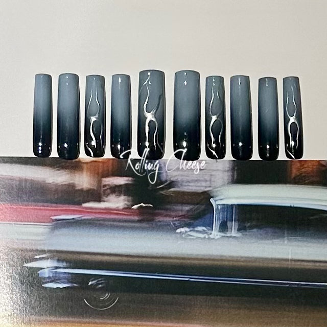 🖤Black to Gray Flame Ombre Press-On Nails – Glossy Long Coffin Tips