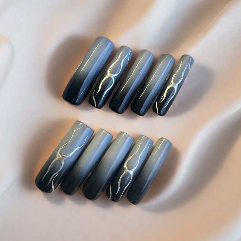 🖤Black to Gray Flame Ombre Press-On Nails – Glossy Long Coffin Tips