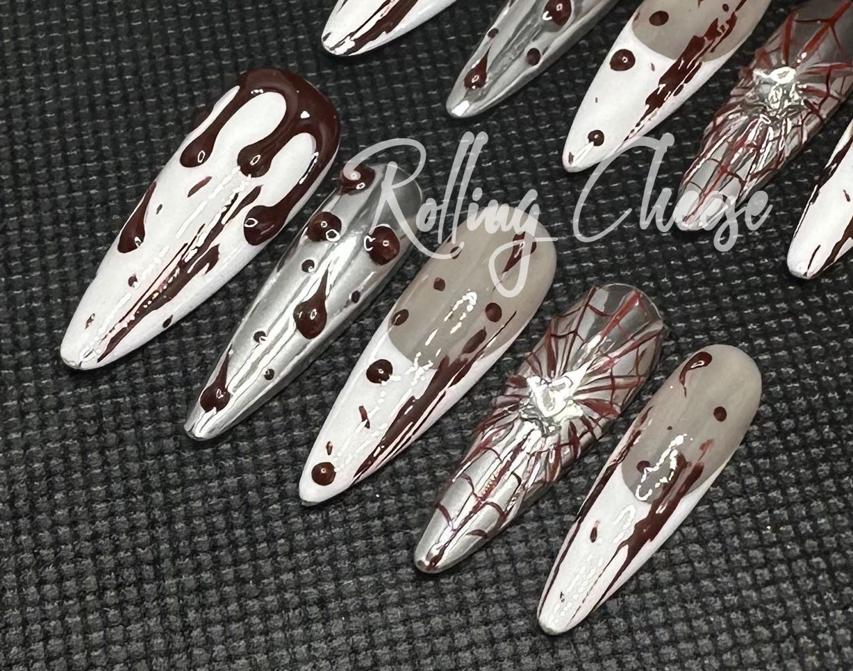 🕷️ Blood Web – Horror Spider & Drip Press-On Nails
