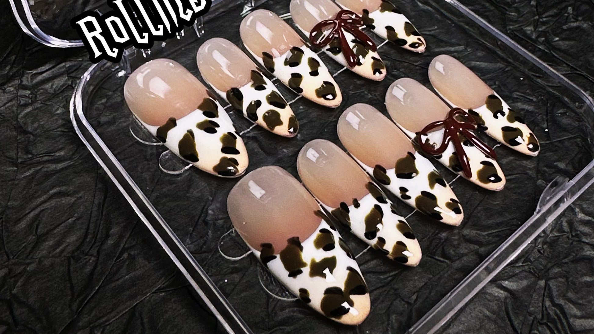 🐆 Leopard Print Press-On Nails with 3D Glossy Bows – Nude Almond Set
