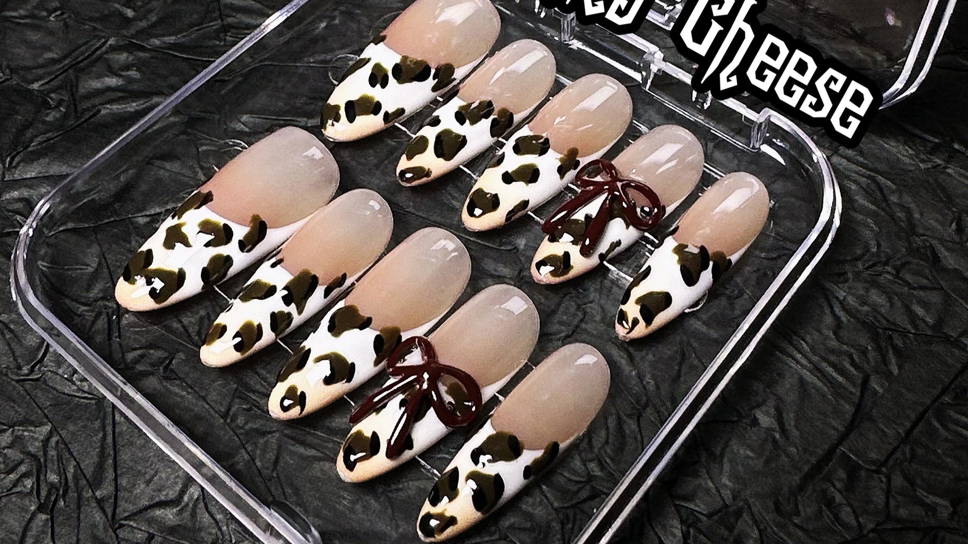 🐆 Leopard Print Press-On Nails with 3D Glossy Bows – Nude Almond Set