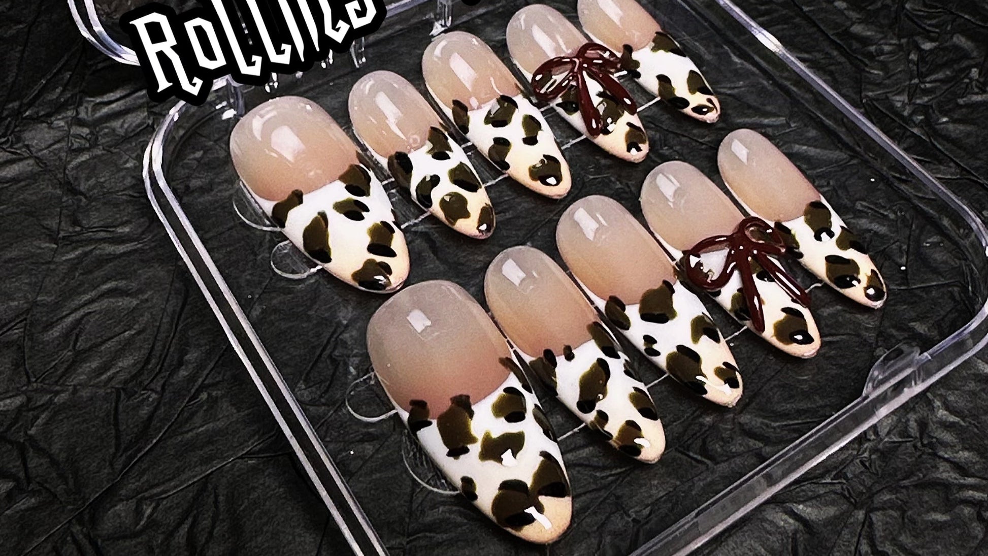 🐆 Leopard Print Press-On Nails with 3D Glossy Bows – Nude Almond Set