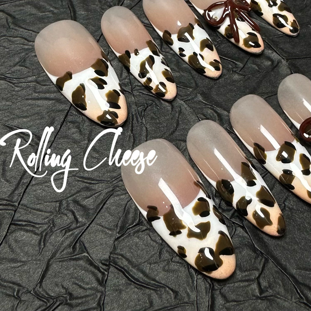 🐆 Leopard Print Press-On Nails with 3D Glossy Bows – Nude Almond Set