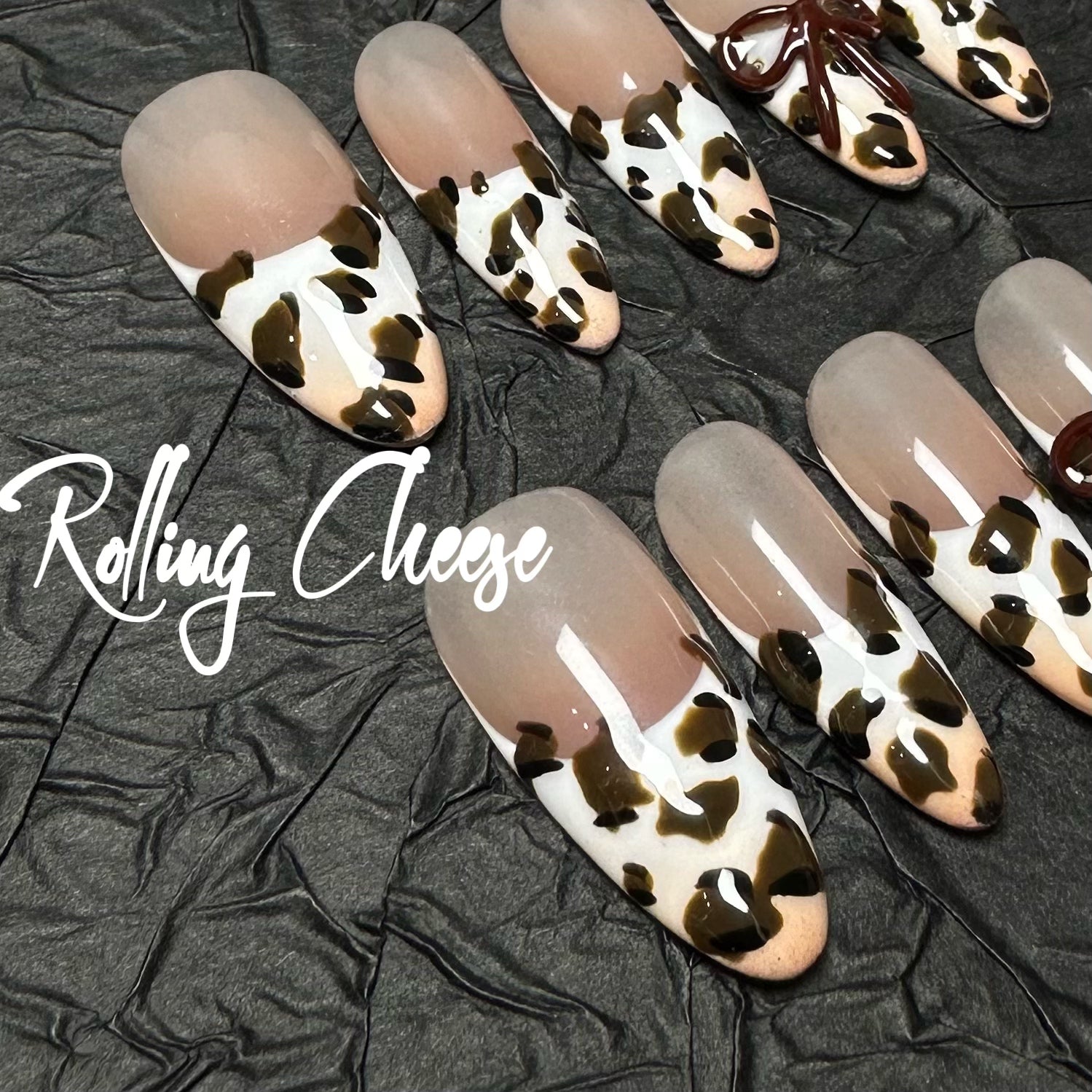 🐆 Leopard Print Press-On Nails with 3D Glossy Bows – Nude Almond Set