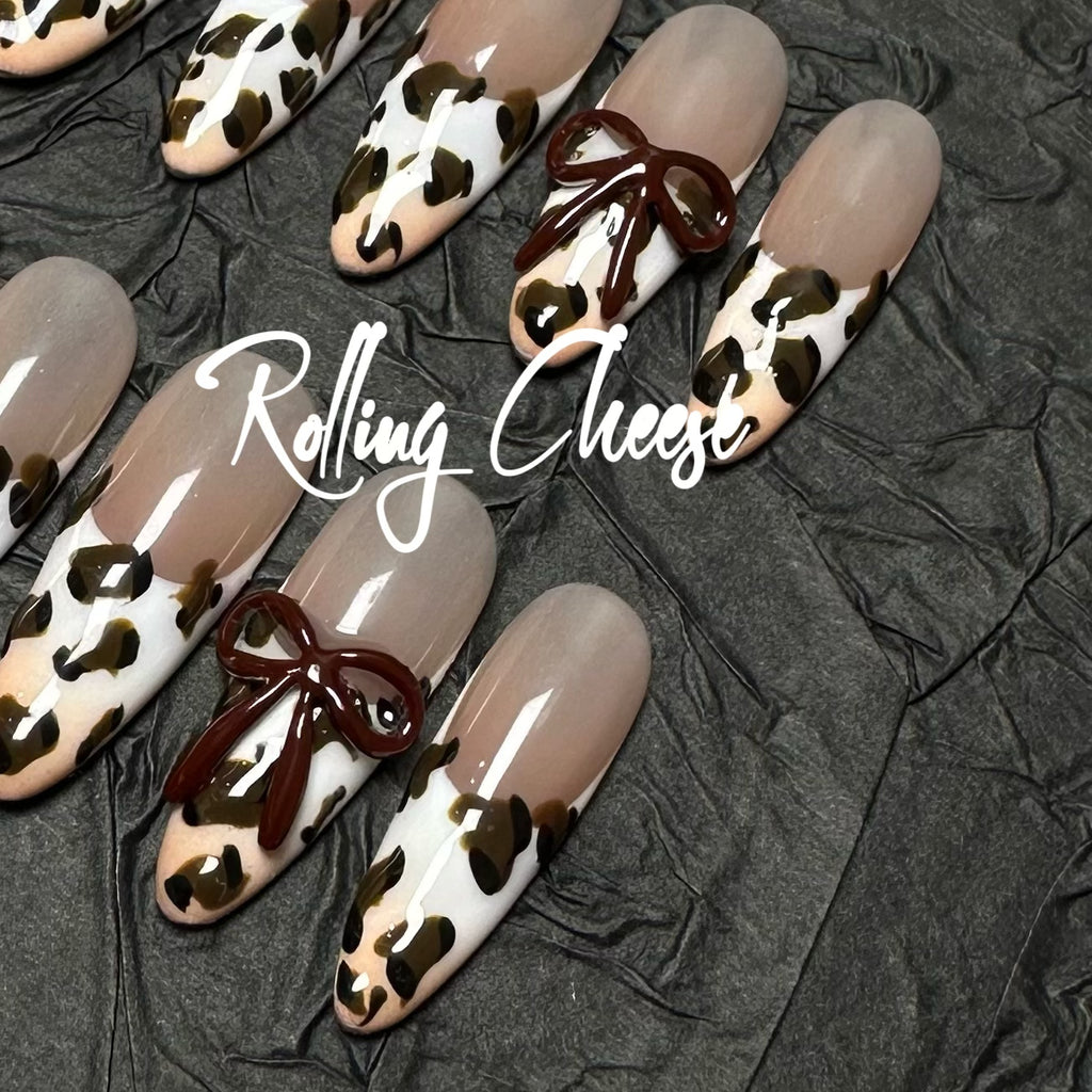 🐆 Leopard Print Press-On Nails with 3D Glossy Bows – Nude Almond Set