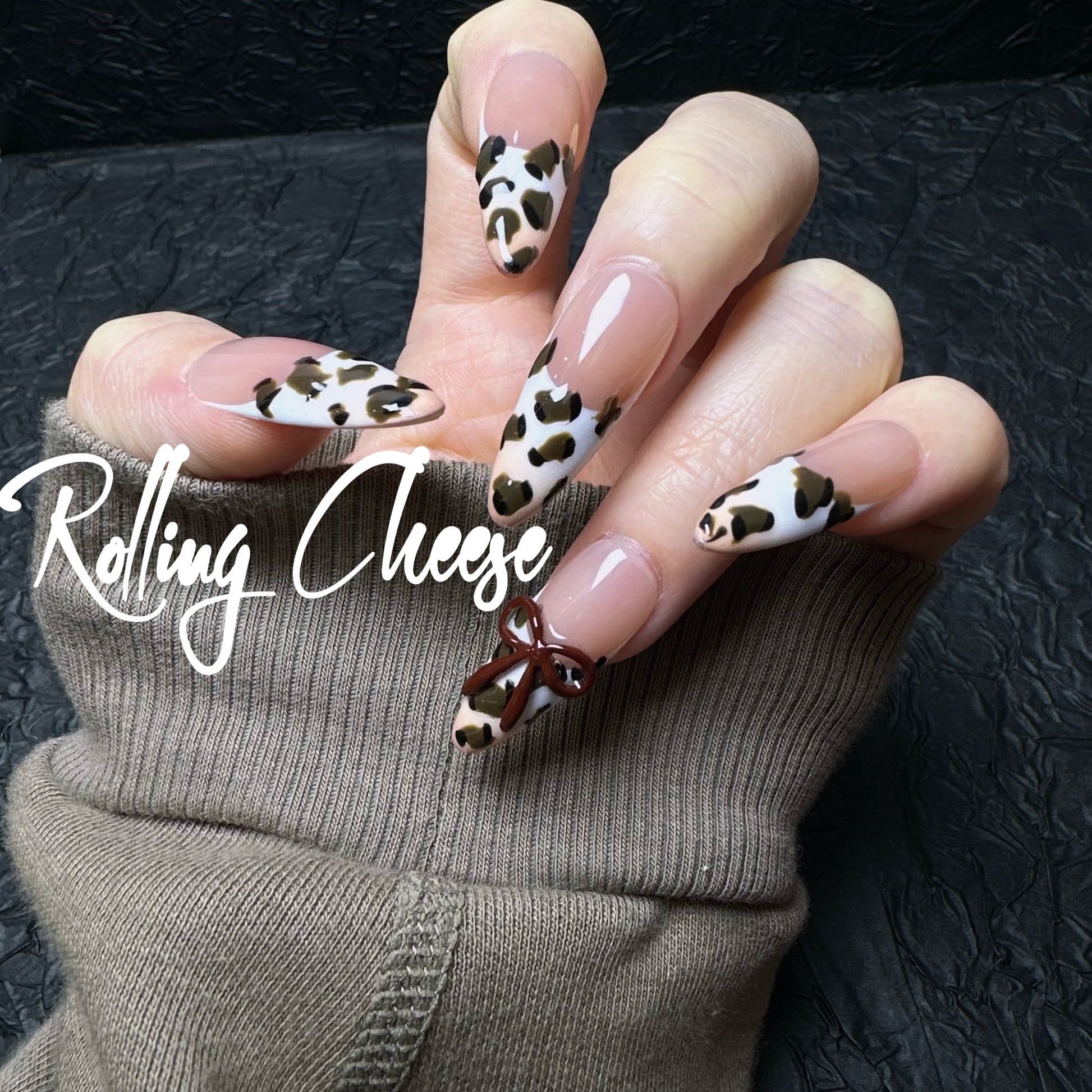 🐆 Leopard Print Press-On Nails with 3D Glossy Bows – Nude Almond Set