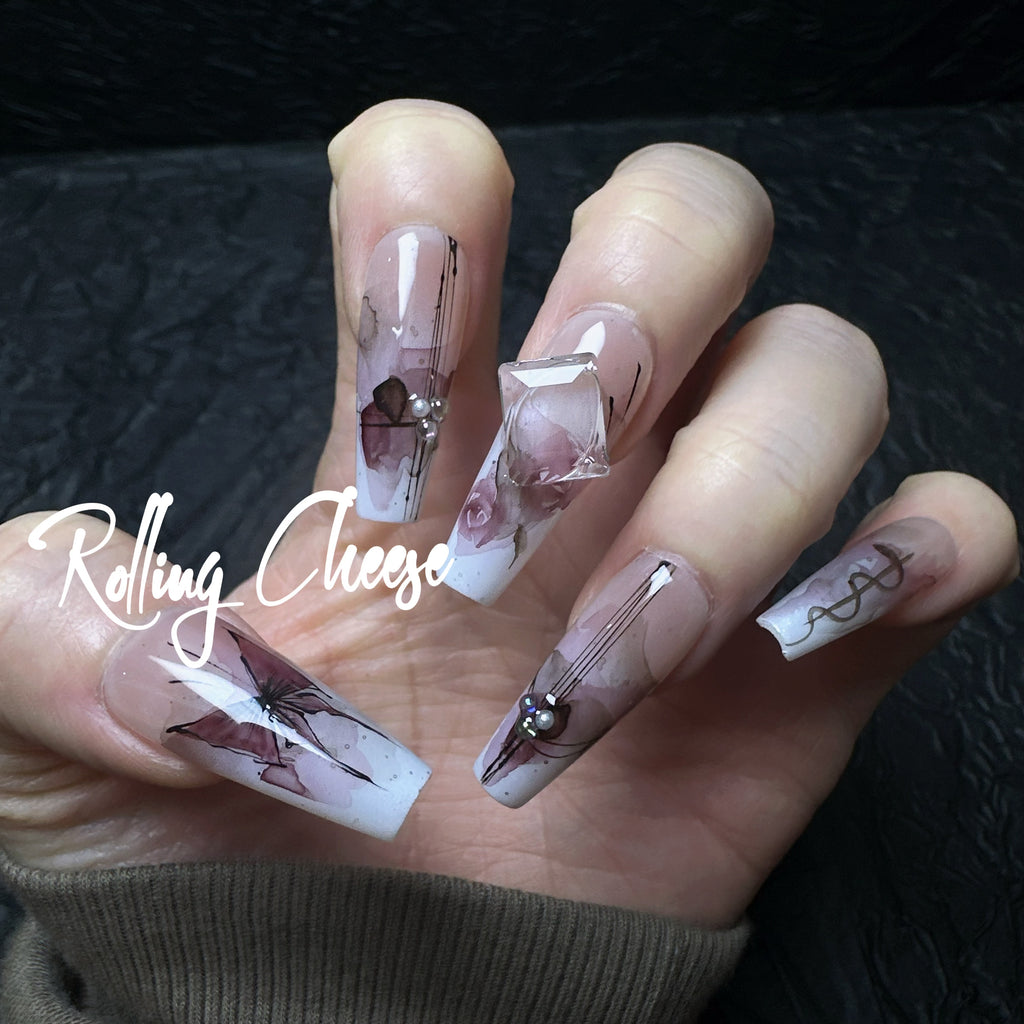 🦋 Gothic Romance Press-On Nails – Butterfly & Rose Design