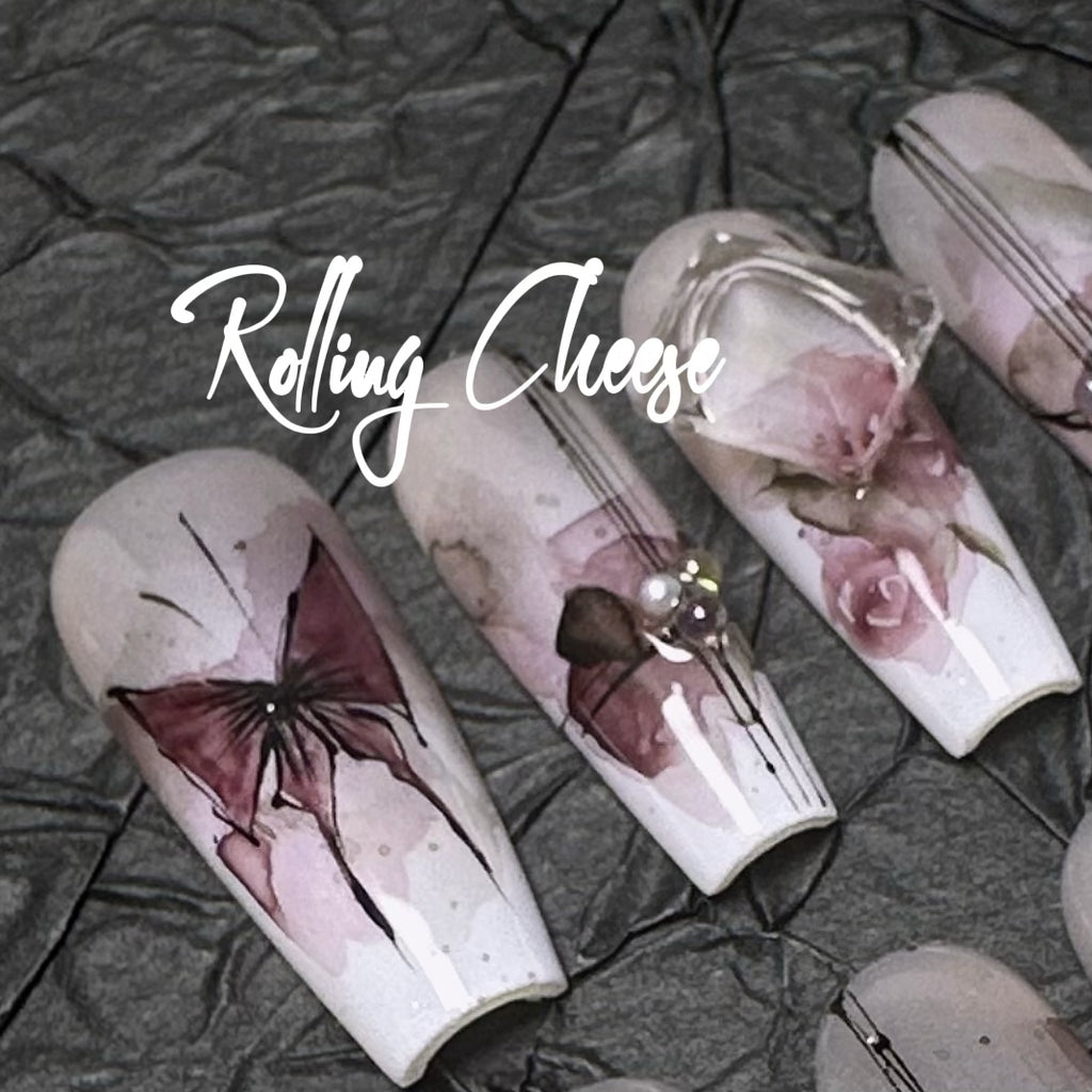 🦋 Gothic Romance Press-On Nails – Butterfly & Rose Design