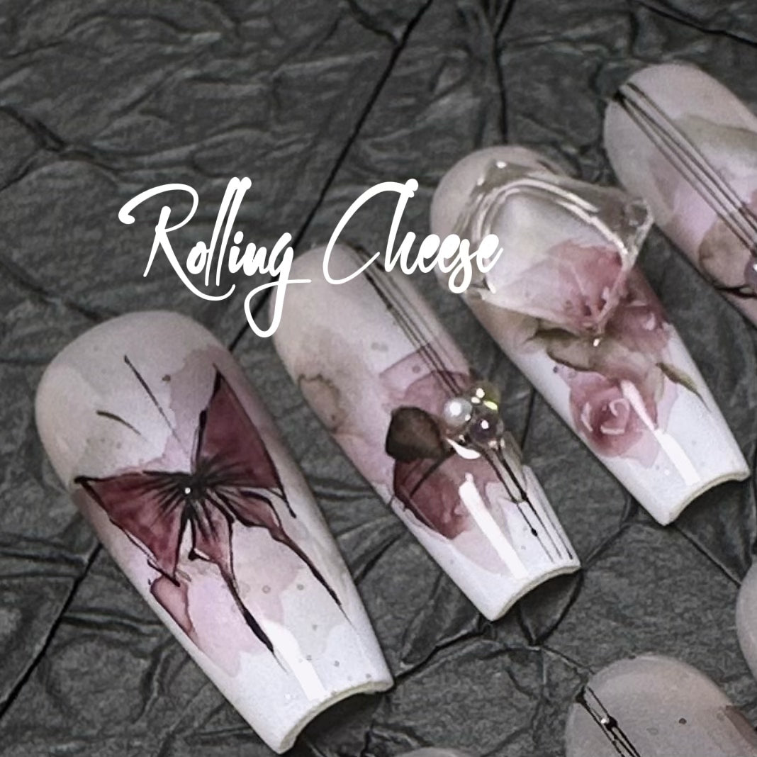 🦋 Gothic Romance Press-On Nails – Butterfly & Rose Design