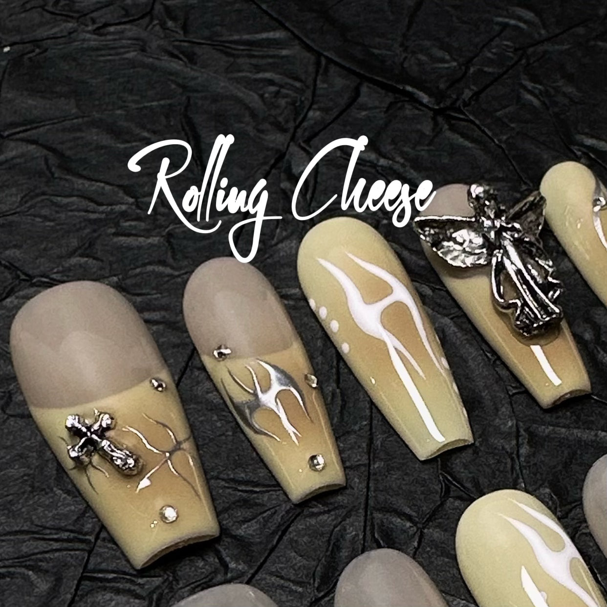 🔥 Golden Pearl Blaze – Statement Press-On Nails with Gothic Charms