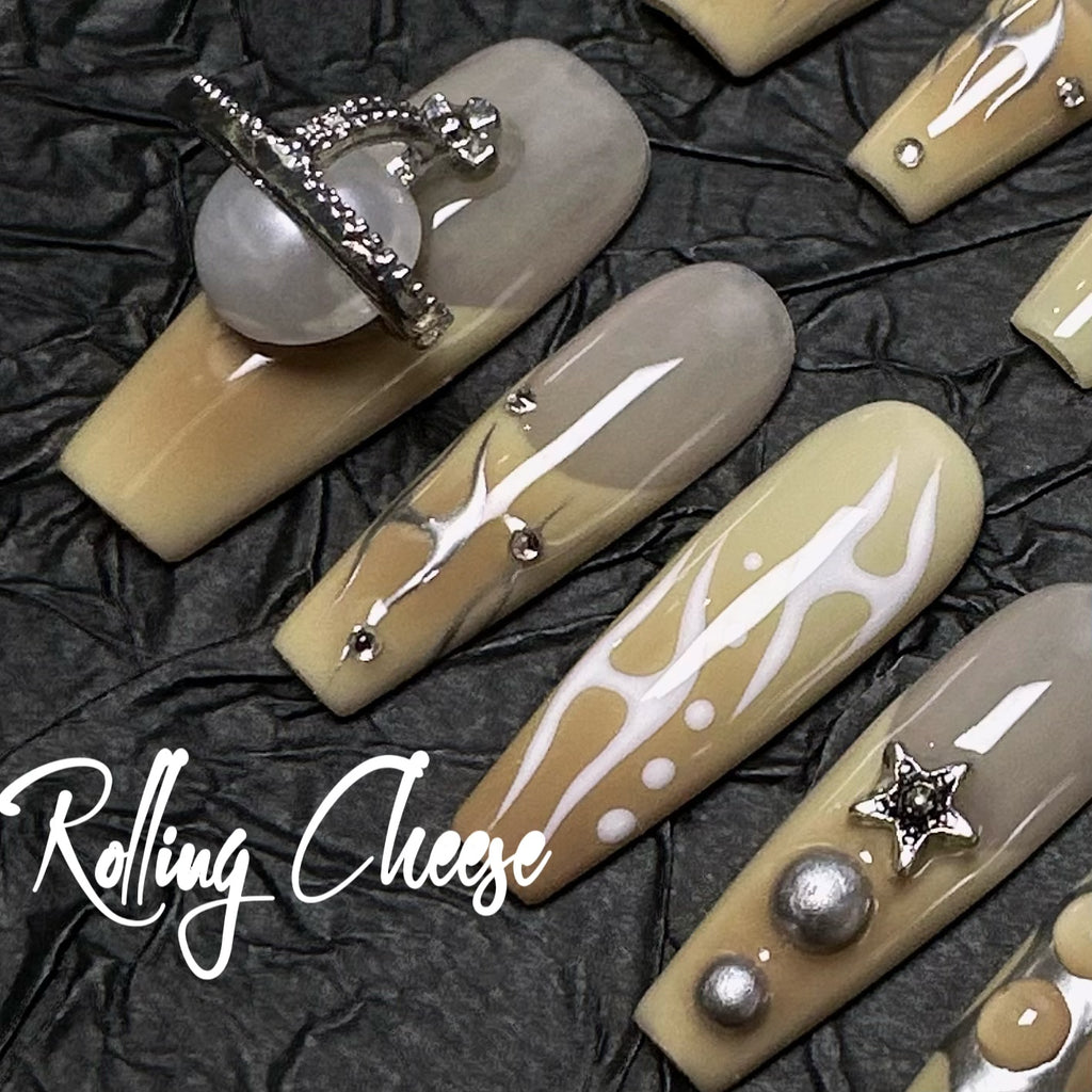 🔥 Golden Pearl Blaze – Statement Press-On Nails with Gothic Charms