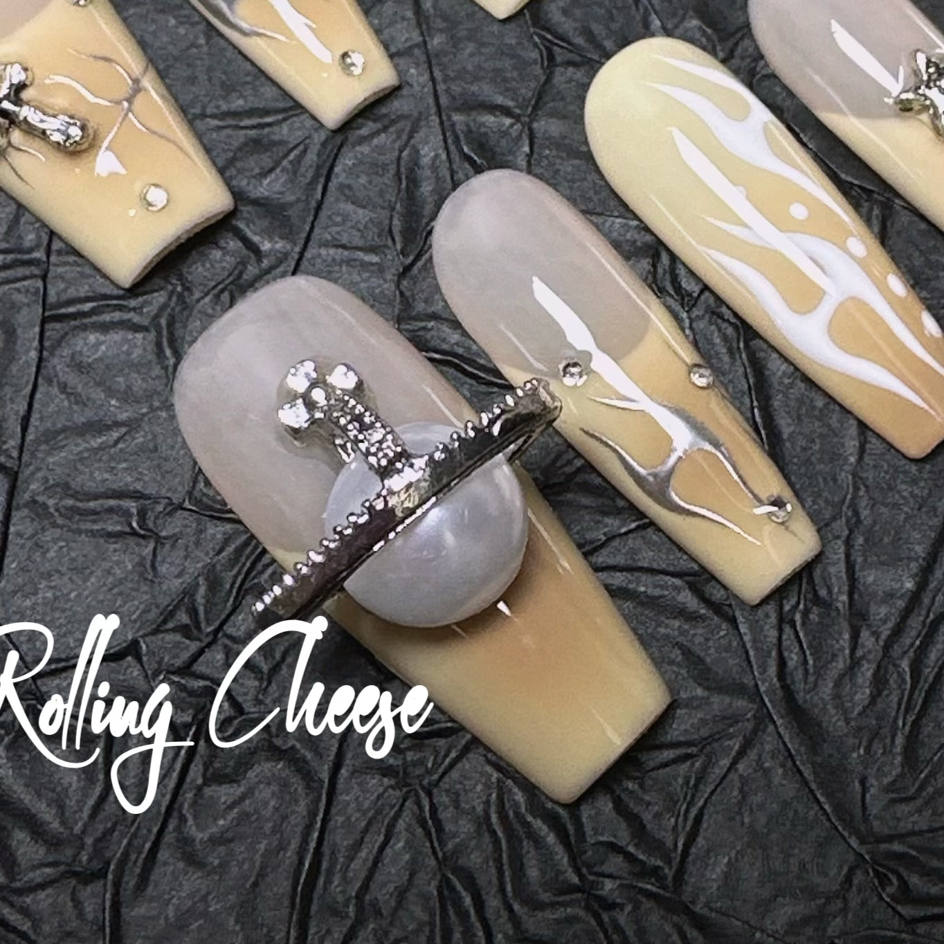 🔥 Golden Pearl Blaze – Statement Press-On Nails with Gothic Charms