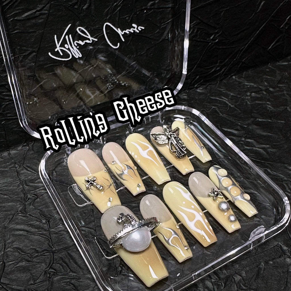 🔥 Golden Pearl Blaze – Statement Press-On Nails with Gothic Charms