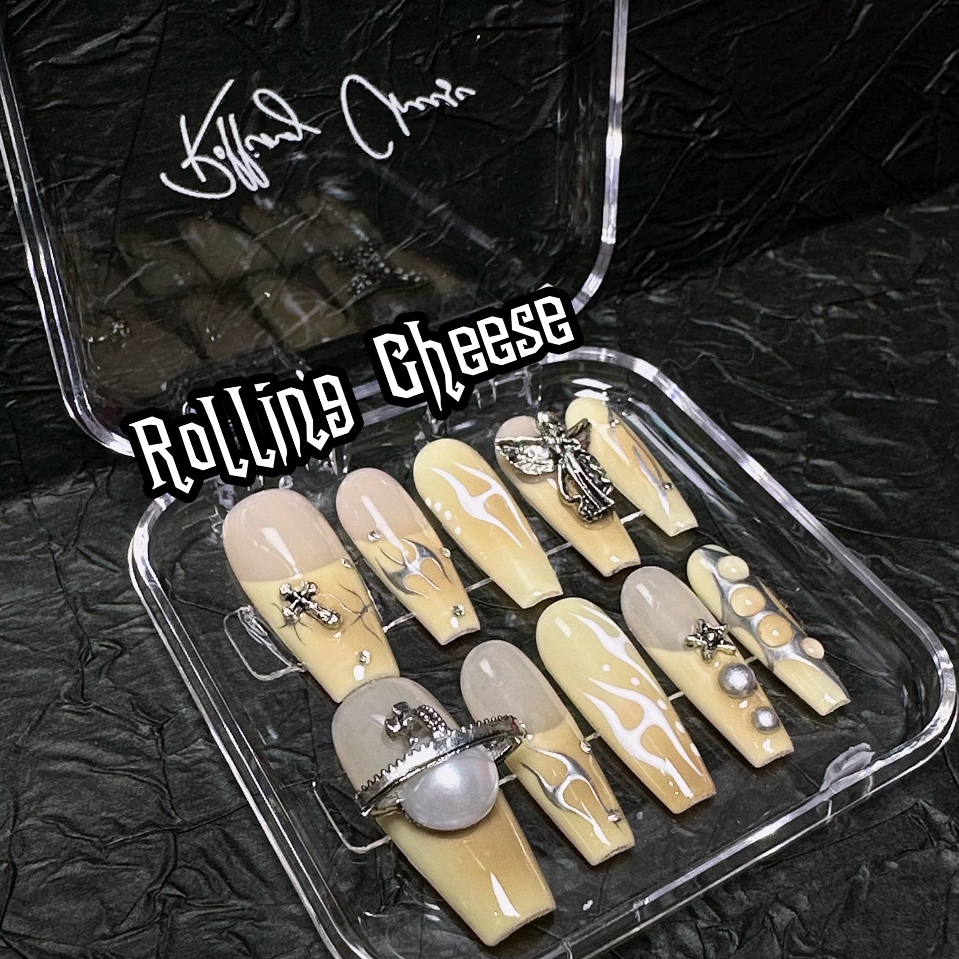 🔥 Golden Pearl Blaze – Statement Press-On Nails with Gothic Charms