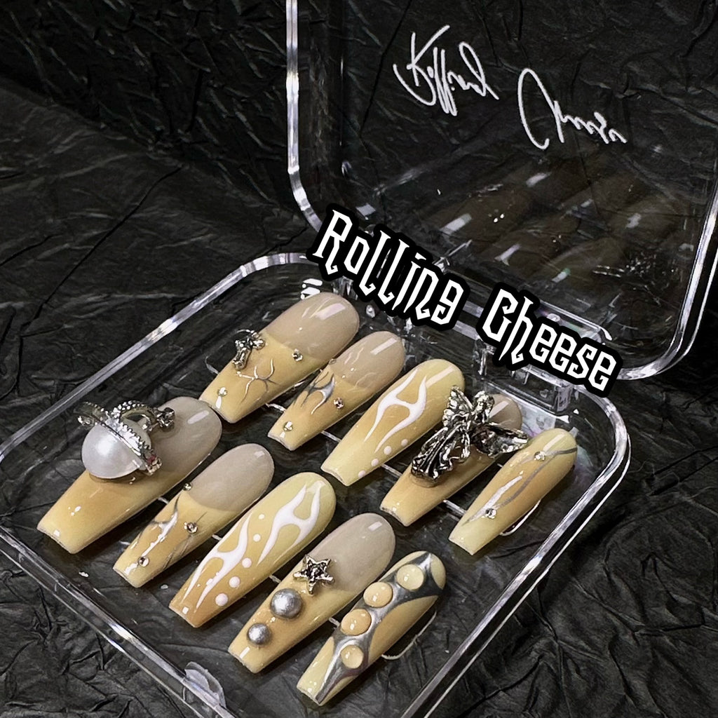 🔥 Golden Pearl Blaze – Statement Press-On Nails with Gothic Charms