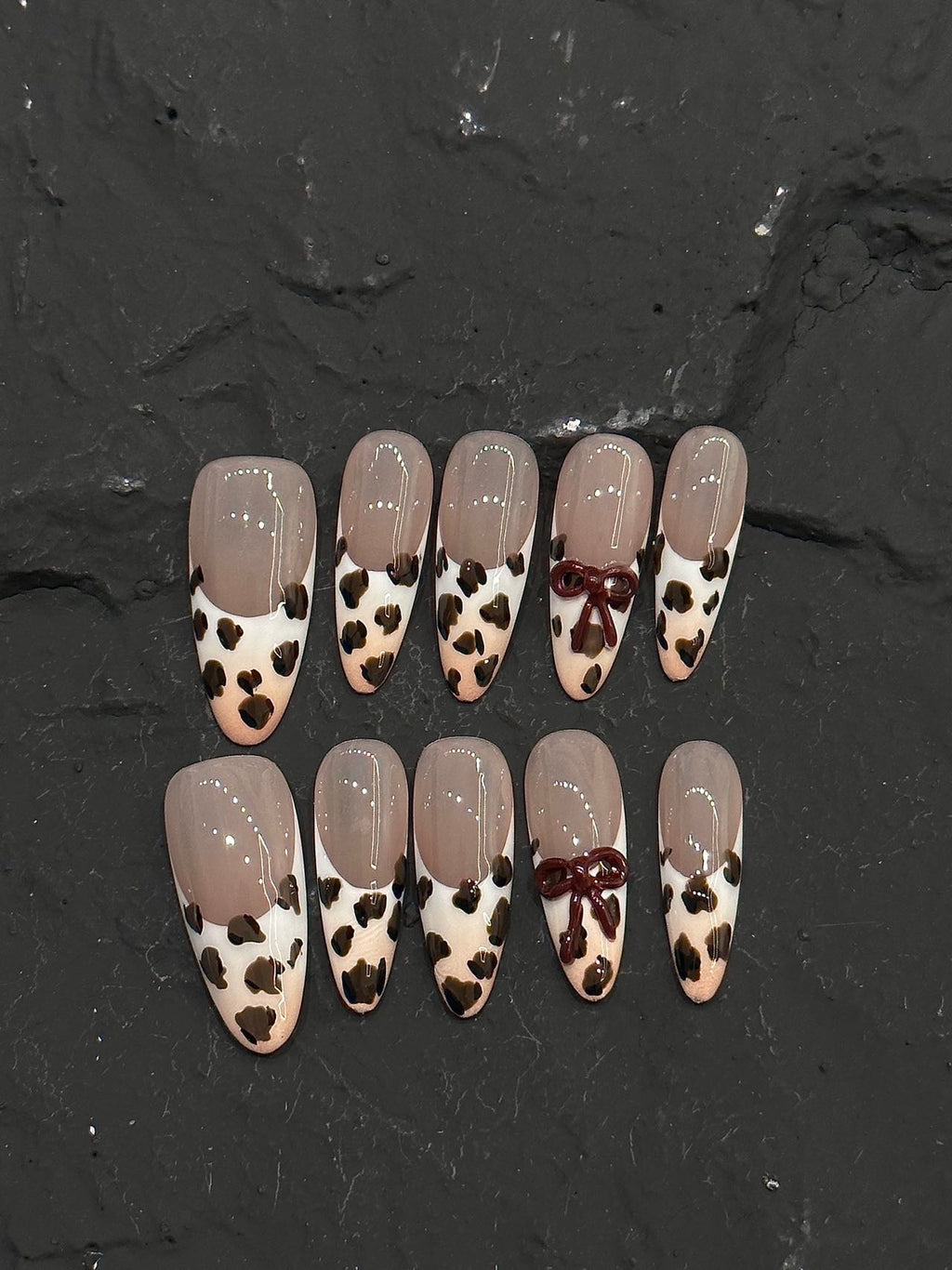 🐆 Leopard Print Press-On Nails with 3D Glossy Bows – Nude Almond Set