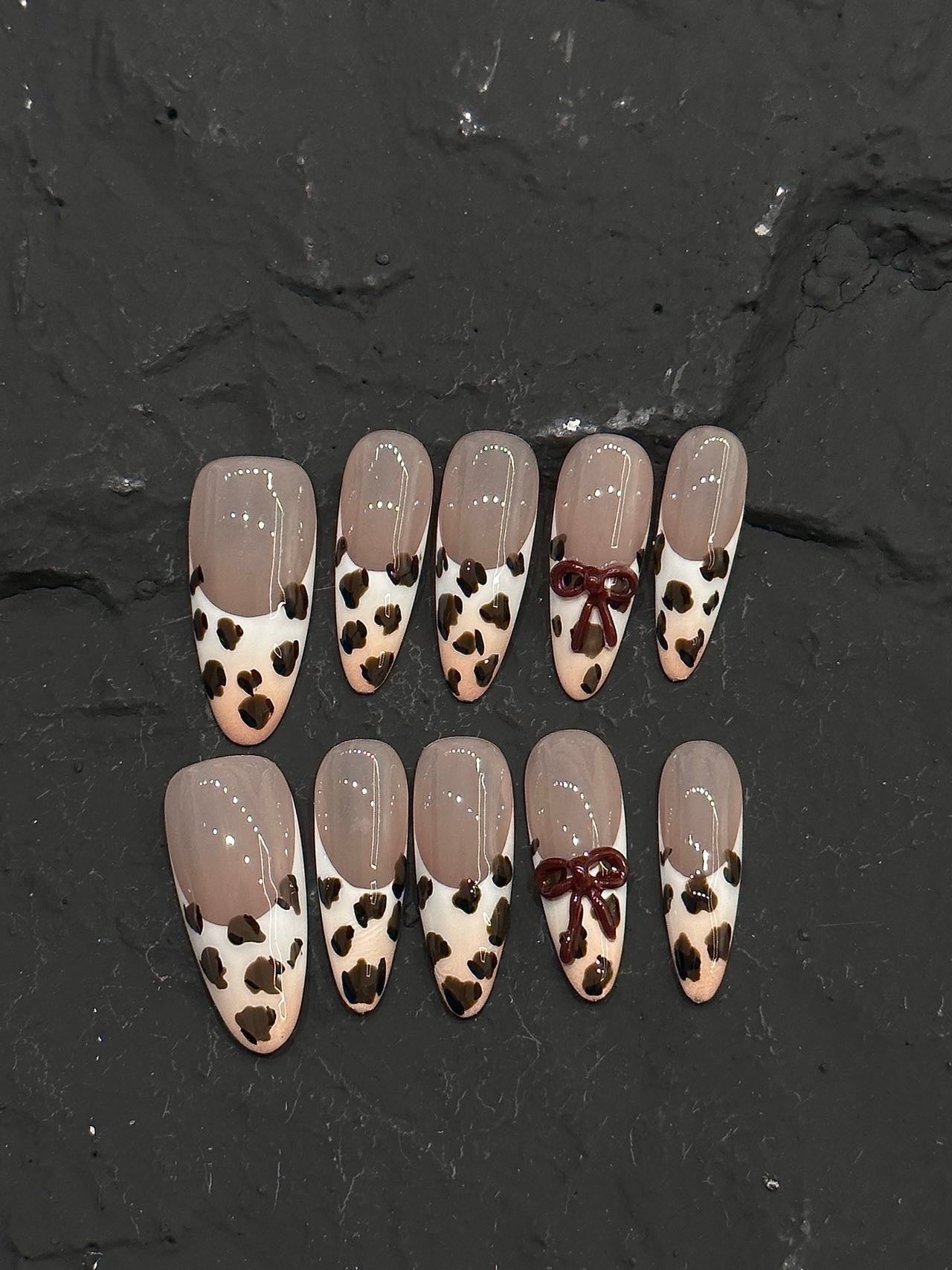 🐆 Leopard Print Press-On Nails with 3D Glossy Bows – Nude Almond Set