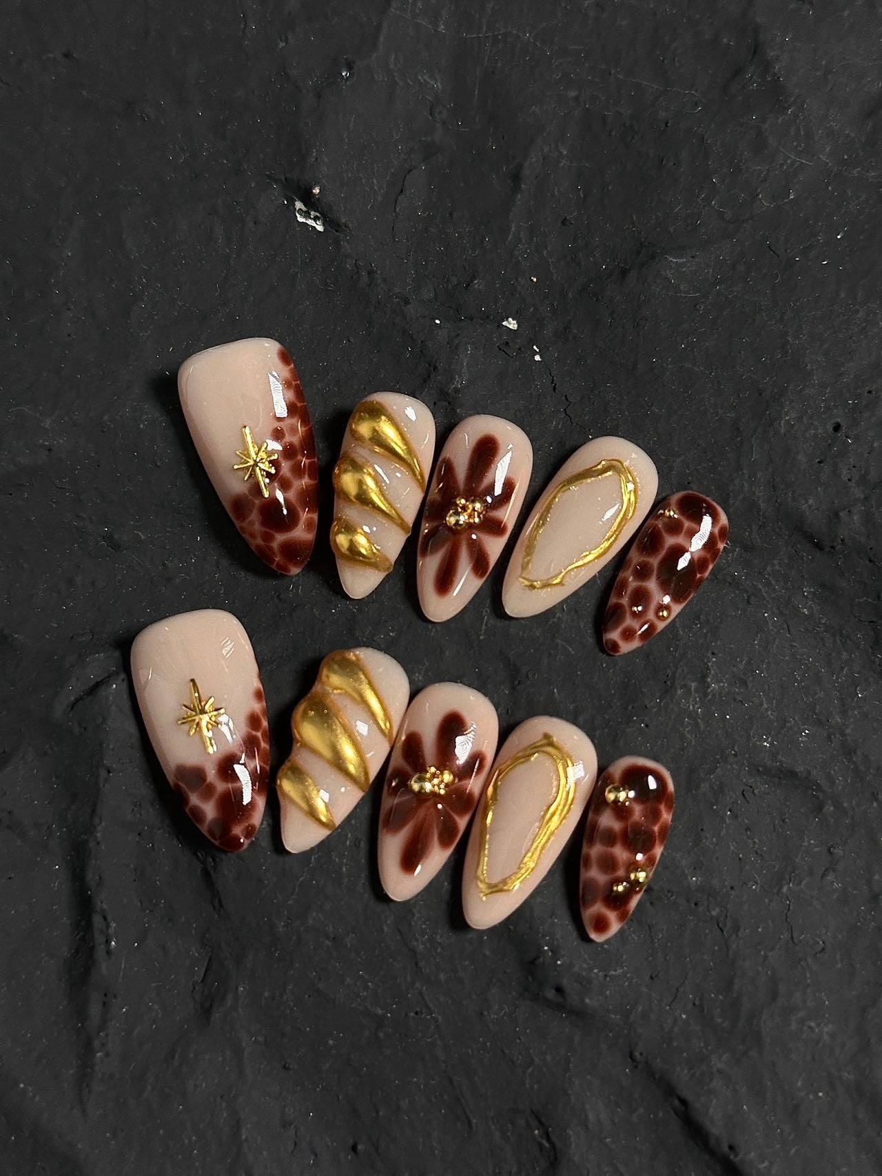 Leopard & Gold Press-On Nails | Handmade Brown Floral Nail Art Set
