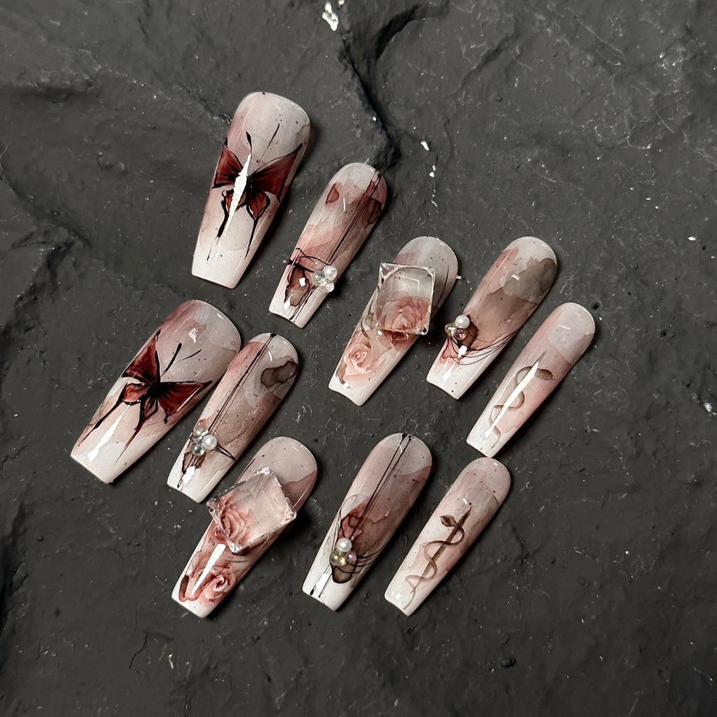 🦋 Gothic Romance Press-On Nails – Butterfly & Rose Design