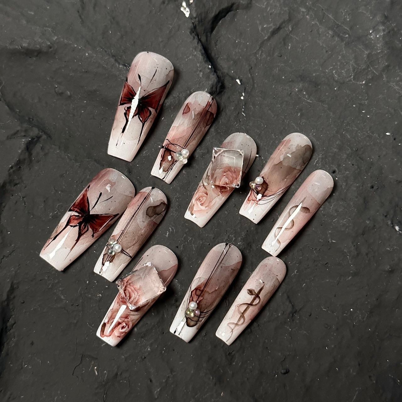 🦋 Gothic Romance Press-On Nails – Butterfly & Rose Design
