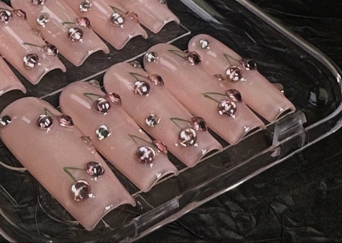 Glossy Pink Nude Press-On Nails with Metallic Beads – Cherry Blossom Vibe False Nails – Handmade Short Square Tips