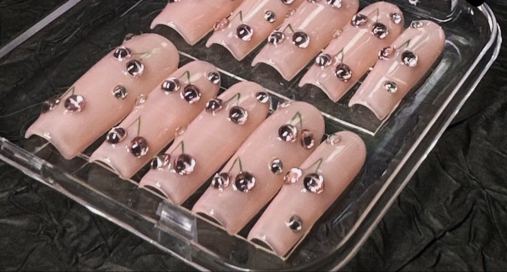 Glossy Pink Nude Press-On Nails with Metallic Beads – Cherry Blossom Vibe False Nails – Handmade Short Square Tips