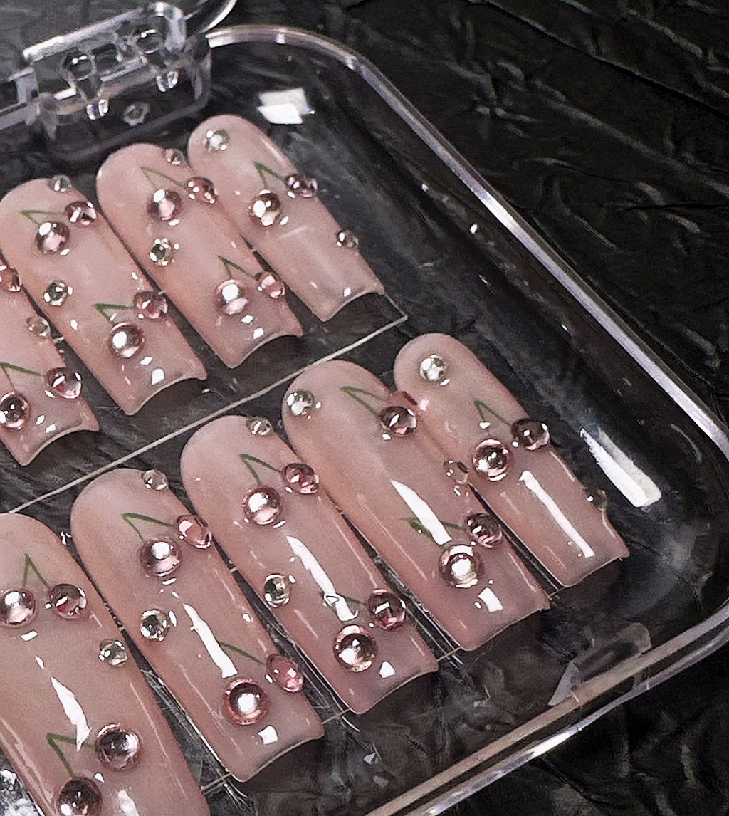 Glossy Pink Nude Press-On Nails with Metallic Beads – Cherry Blossom Vibe False Nails – Handmade Short Square Tips