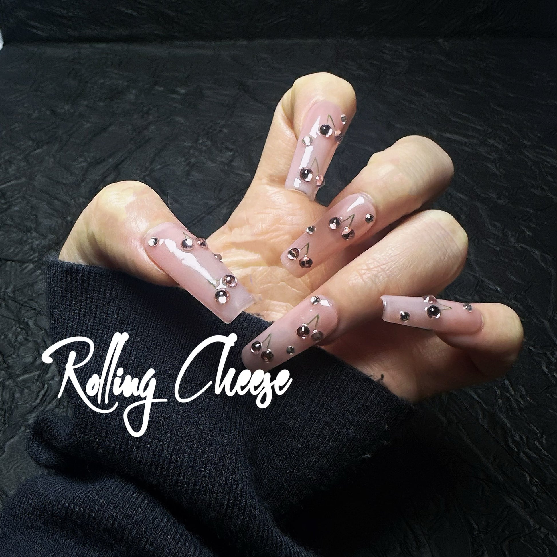 Glossy Pink Nude Press-On Nails with Metallic Beads – Cherry Blossom Vibe False Nails – Handmade Short Square Tips