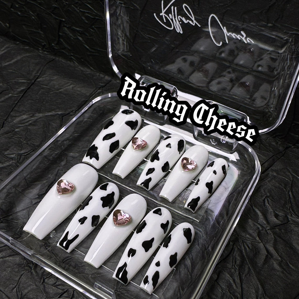 🐄 Cow Print Press-On Nails with Pink Heart Gems – Y2K Cute & Bold