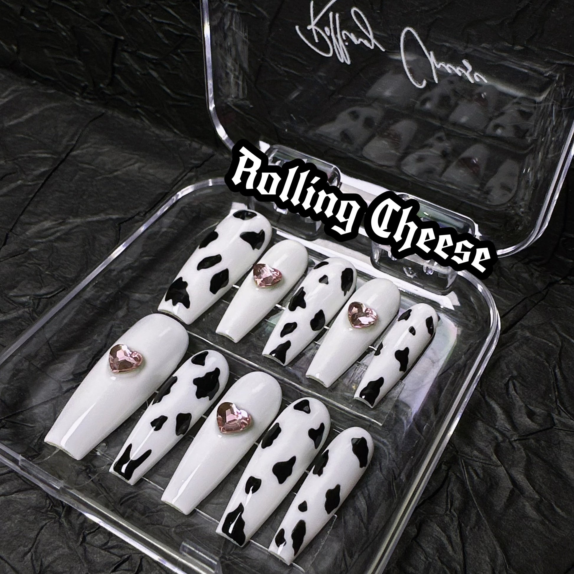 🐄 Cow Print Press-On Nails with Pink Heart Gems – Y2K Cute & Bold