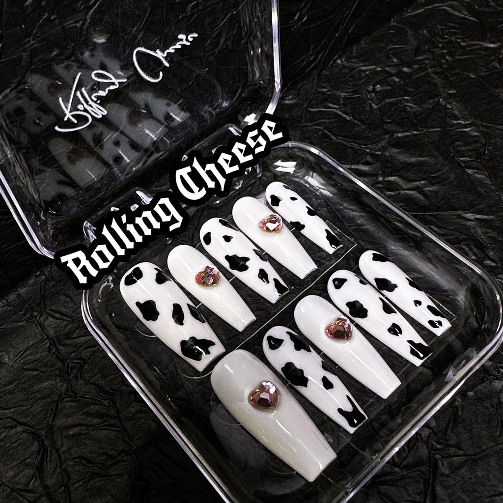 🐄 Cow Print Press-On Nails with Pink Heart Gems – Y2K Cute & Bold