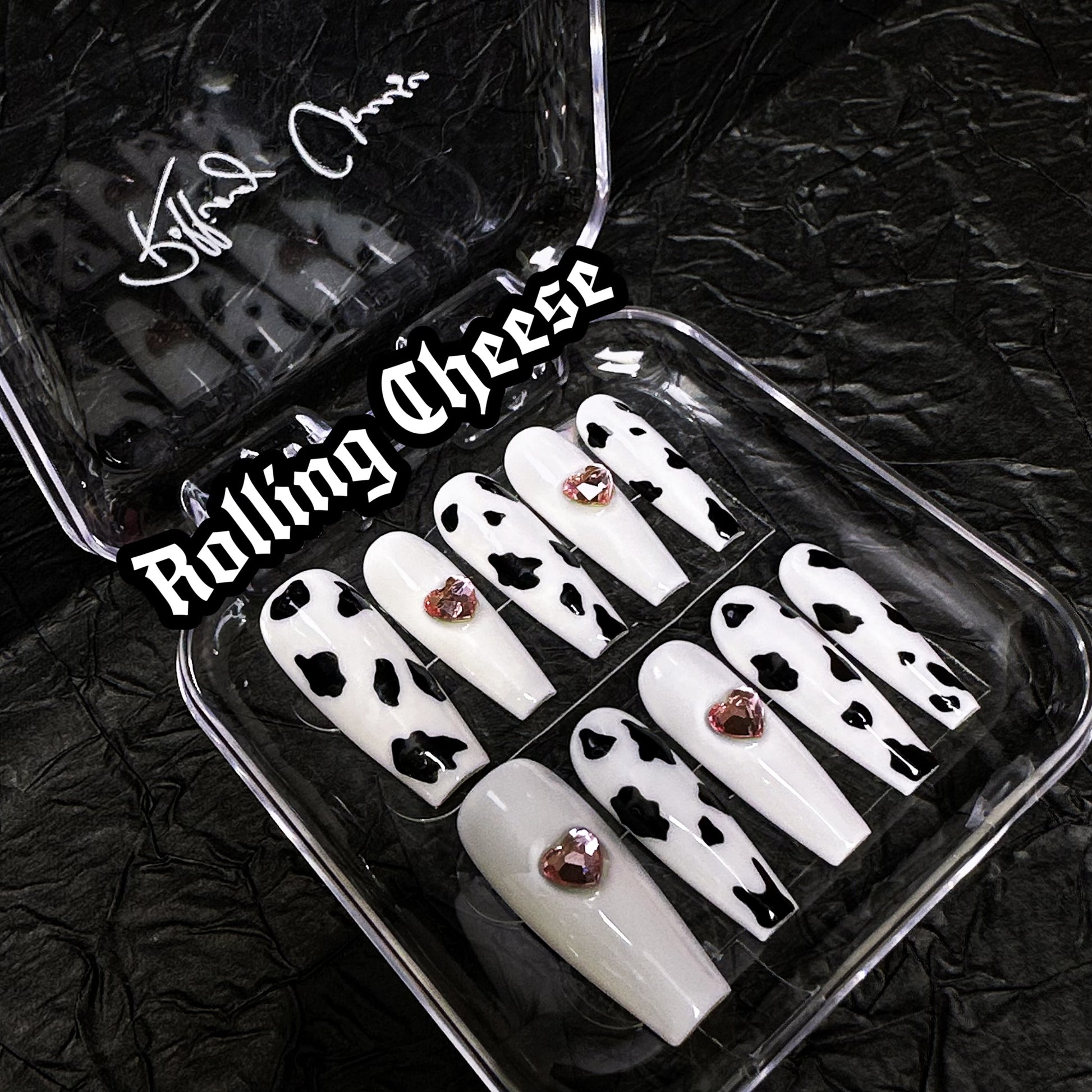🐄 Cow Print Press-On Nails with Pink Heart Gems – Y2K Cute & Bold