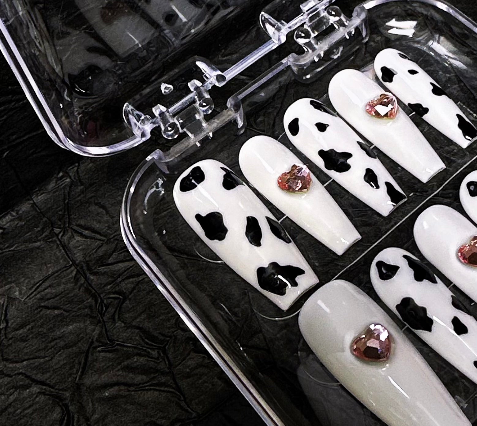 🐄 Cow Print Press-On Nails with Pink Heart Gems – Y2K Cute & Bold