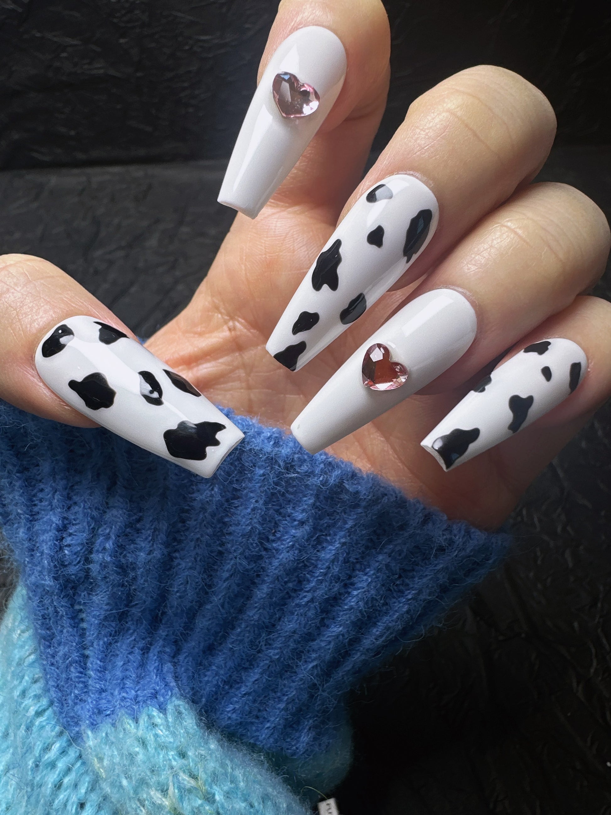🐄 Cow Print Press-On Nails with Pink Heart Gems – Y2K Cute & Bold