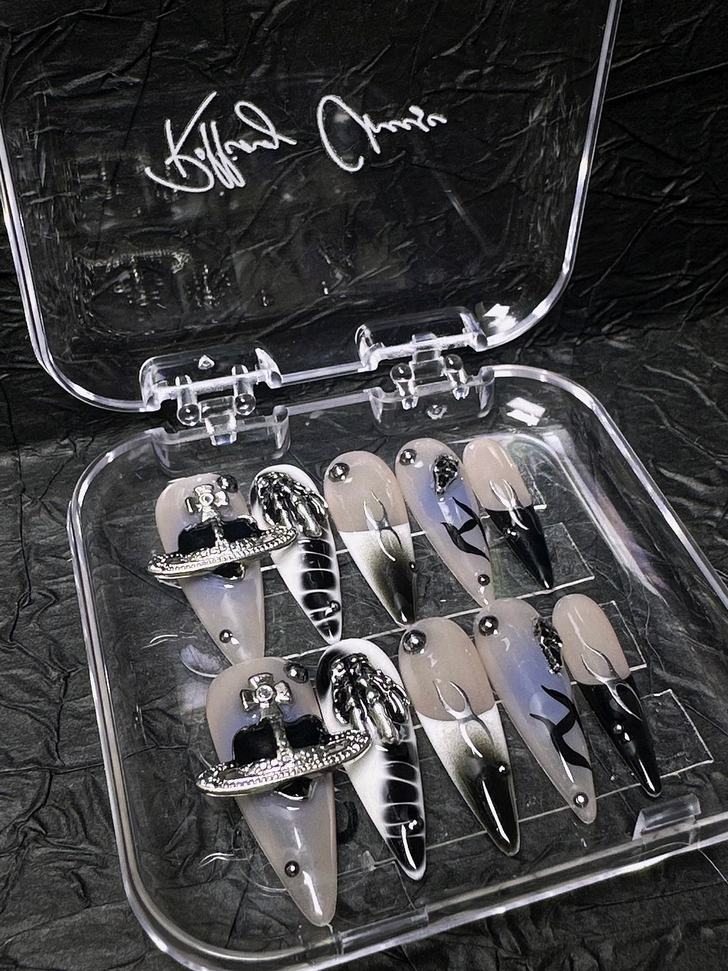 🖤 Gothic Blaze – Black Flame 3D Skeleton Press-On Nails