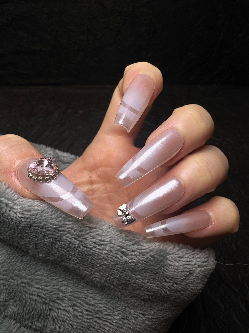 🤍 White Moon – Pearl Sheen Press-On Nails with Crystal & Bow Charms
