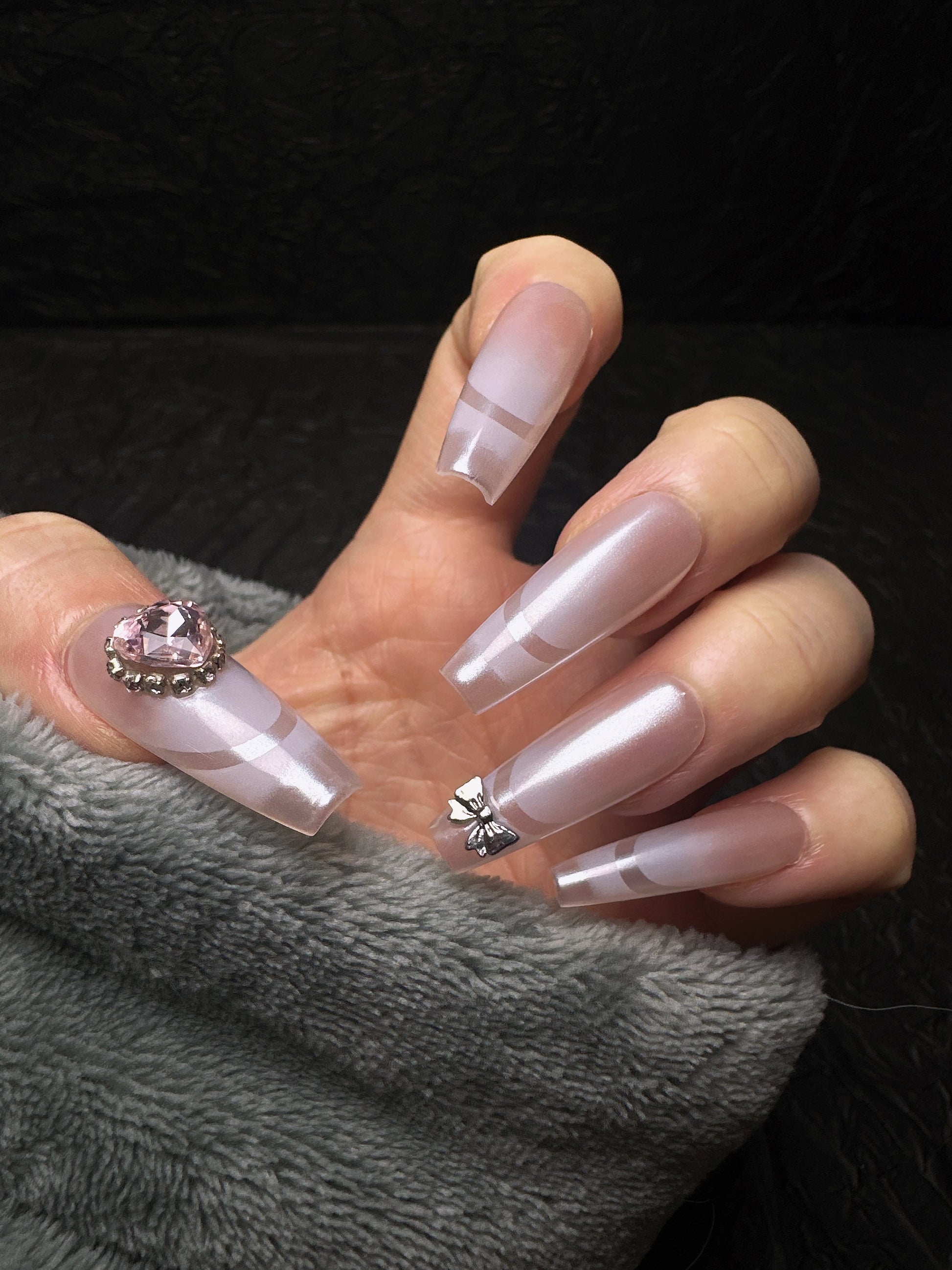 🤍 White Moon – Pearl Sheen Press-On Nails with Crystal & Bow Charms