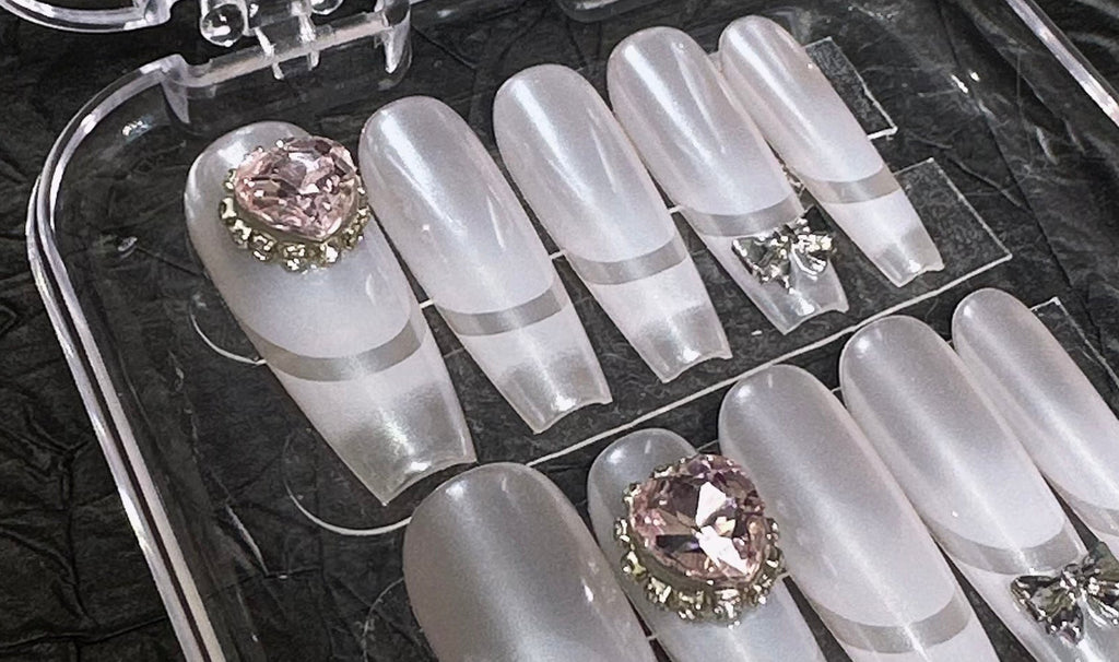 🤍 White Moon – Pearl Sheen Press-On Nails with Crystal & Bow Charms