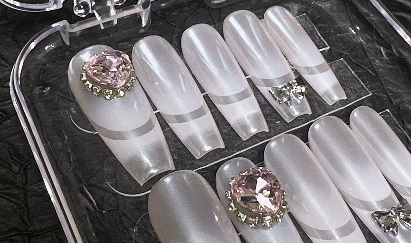 🤍 White Moon – Pearl Sheen Press-On Nails with Crystal & Bow Charms