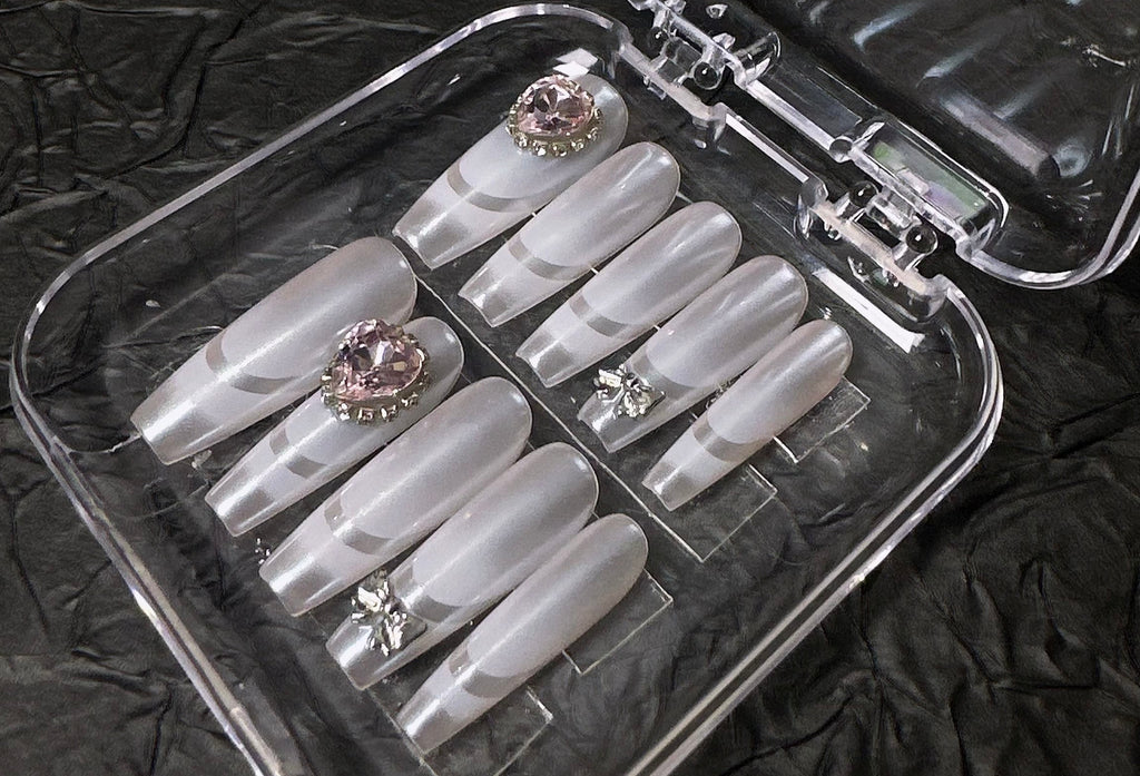 🤍 White Moon – Pearl Sheen Press-On Nails with Crystal & Bow Charms