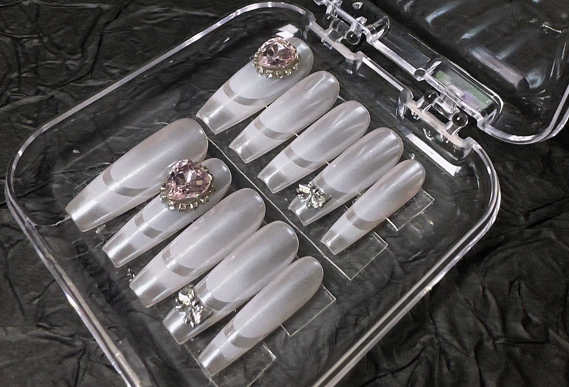 🤍 White Moon – Pearl Sheen Press-On Nails with Crystal & Bow Charms